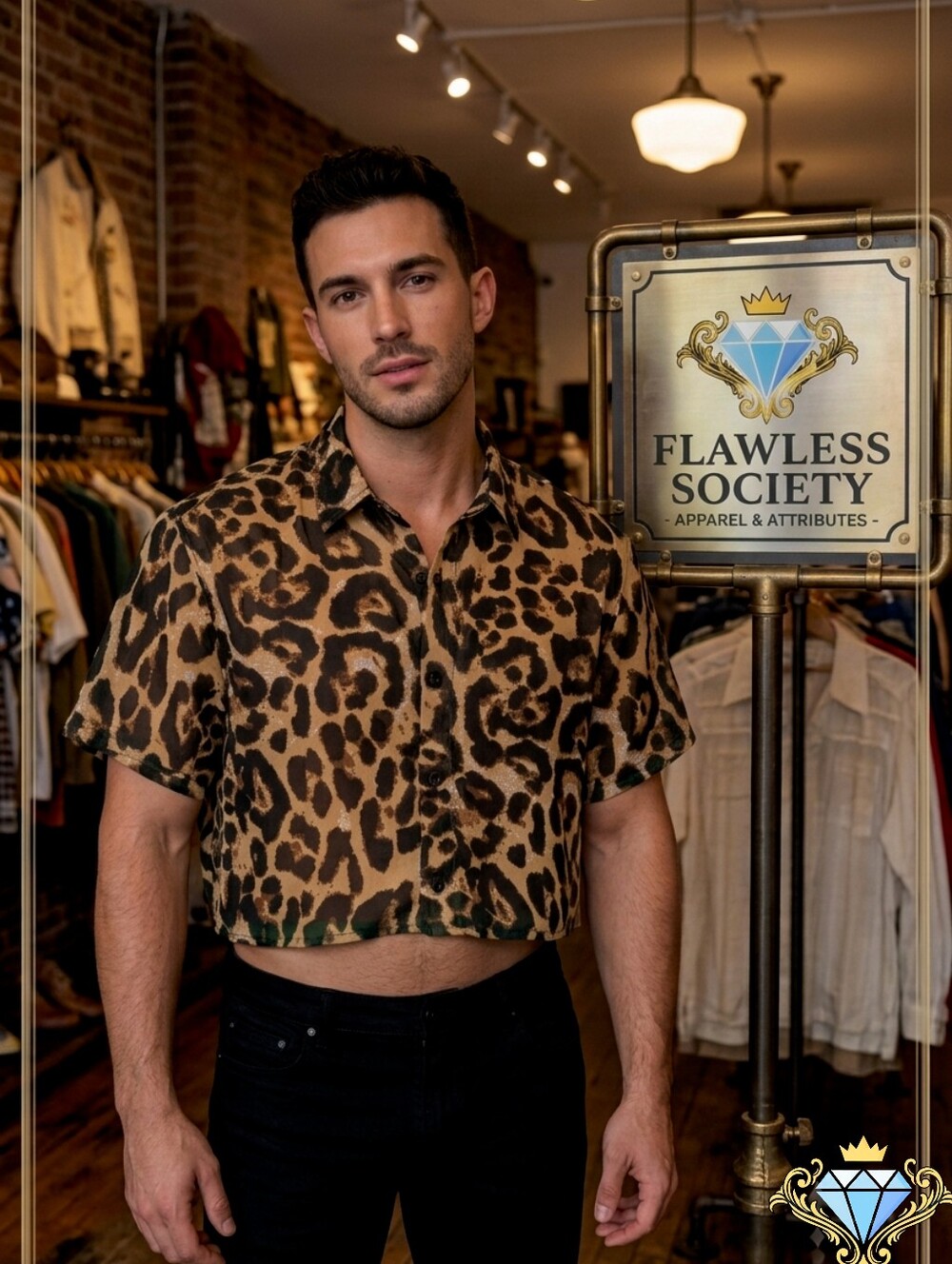 SHEIN Men’s Sheer Leopard Print Cropped Short Sleeve Shirt - Large L Excellent